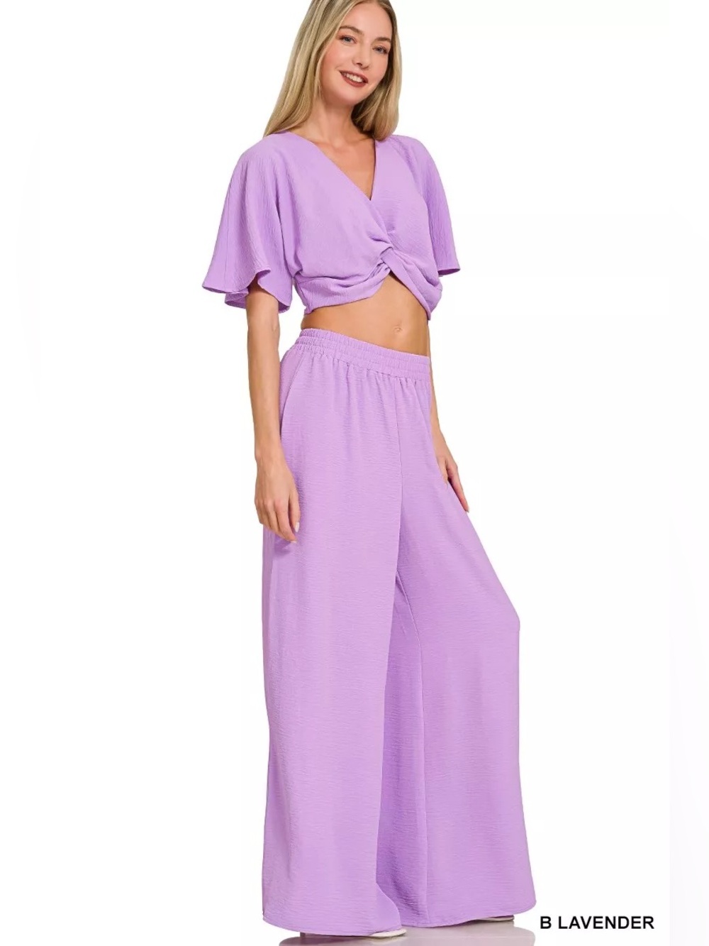 Zenana Woven Airflow Twisted Top & Wide Leg Pants Set